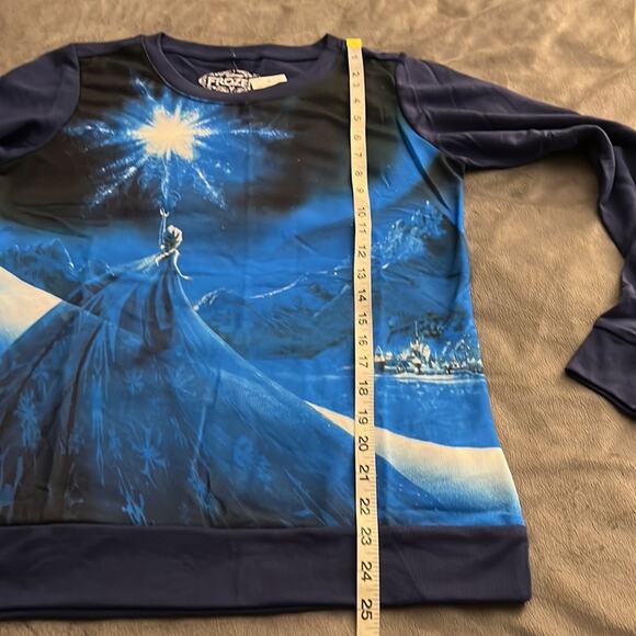 Disney Frozen Elsa Navy Blue Print Knit Top Size Medium Long Sleeves Pullover - Picture 6 of 7